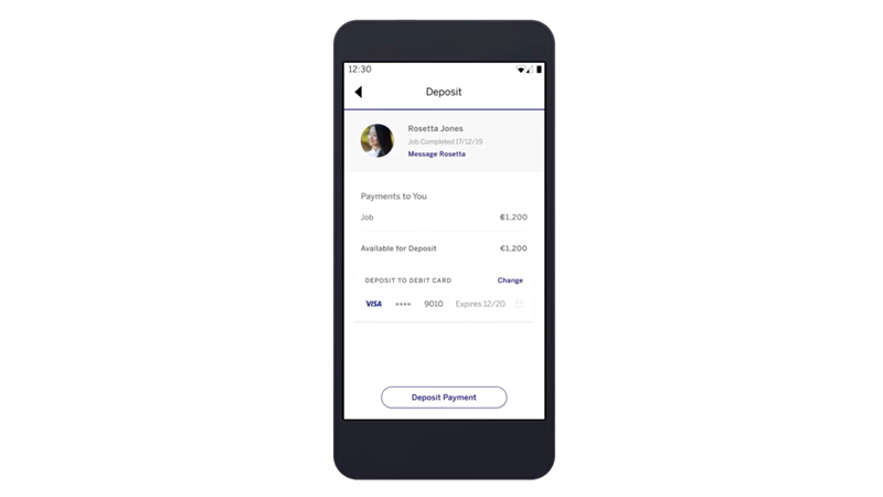 Illustration of a phone showing a user's bank deposit screen. 